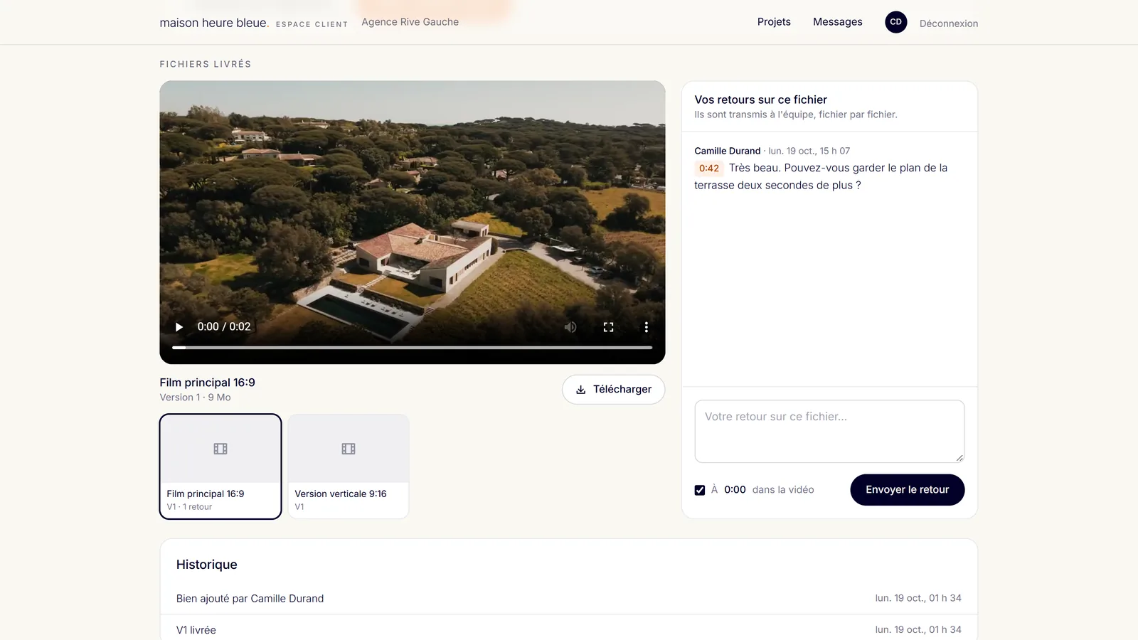Espace client : un film livré, en lecture, avec un retour horodaté